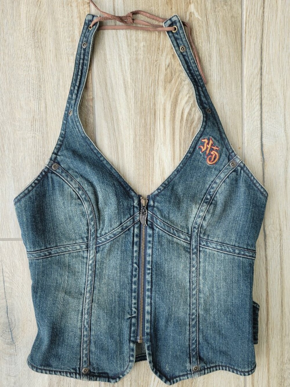 Harley-Davidson Vintage Denim Halter Top - XS - Y2K Biker Corset